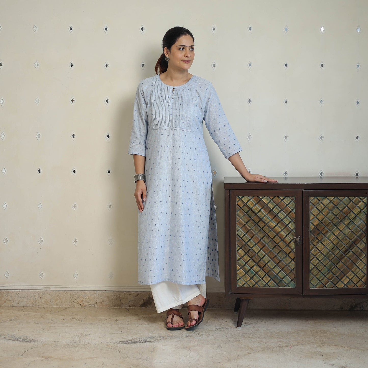 Blue - Jacquard Cotton Pintuck Straight Kurta 25