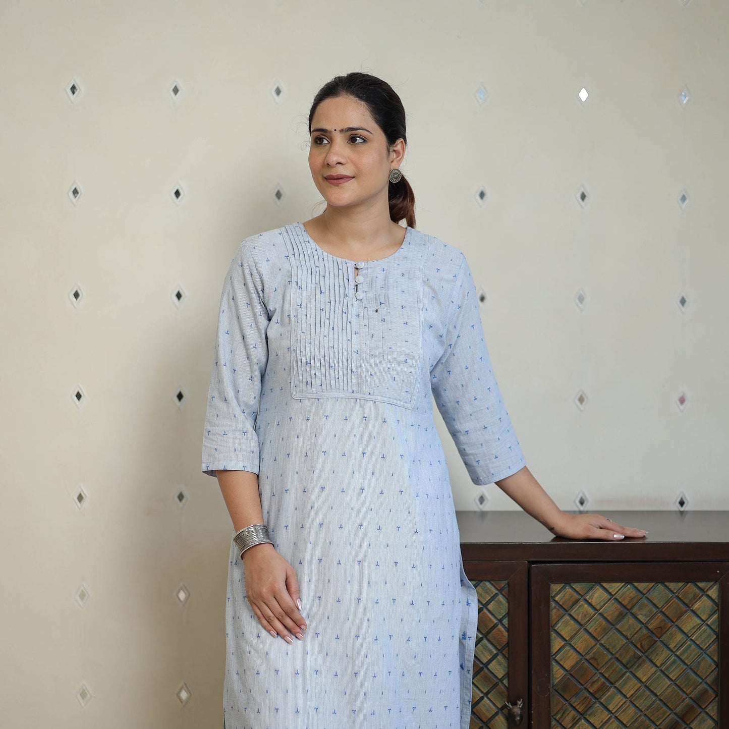 Blue - Jacquard Cotton Pintuck Straight Kurta 25