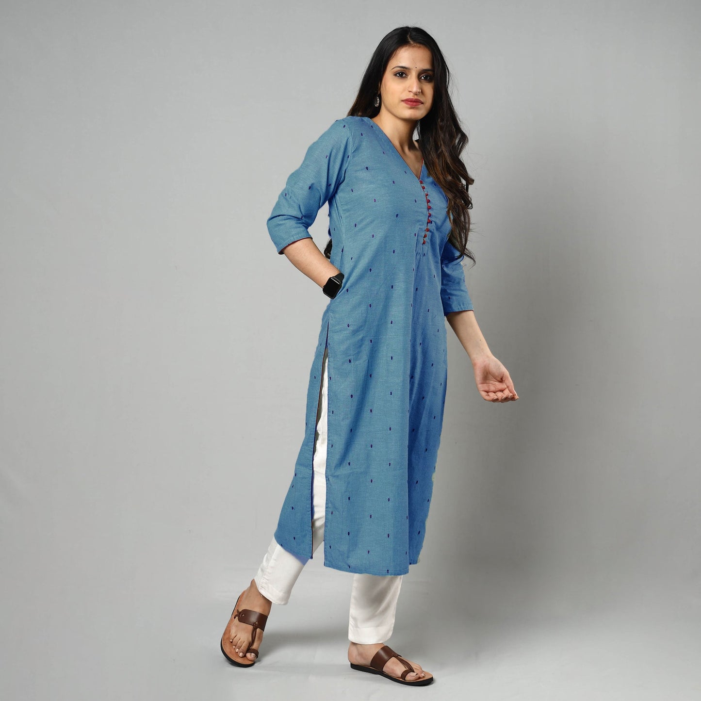 Buy Blue Jacquard Cotton Straight Kurta for Women