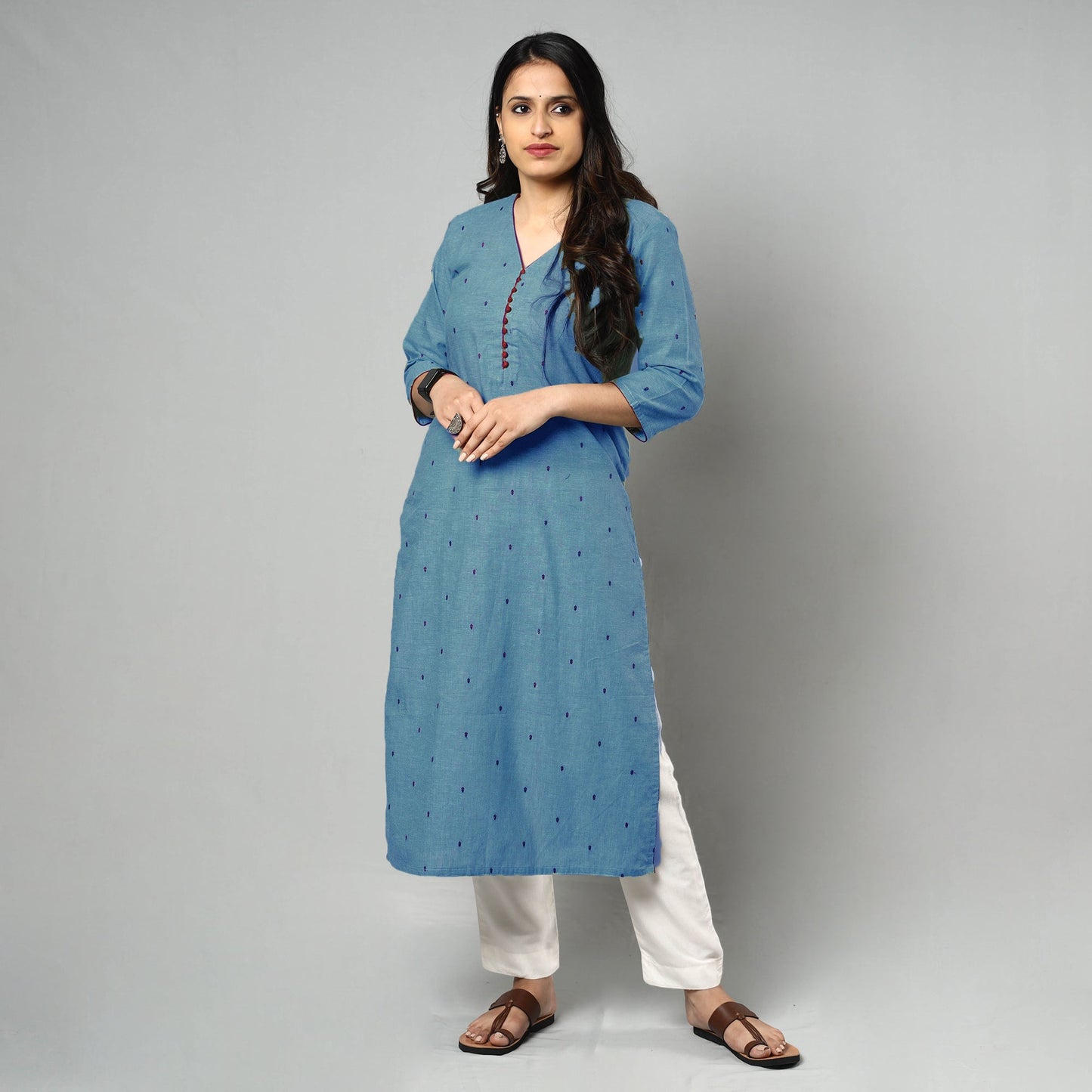 Buy Blue Jacquard Cotton Straight Kurta for Women
