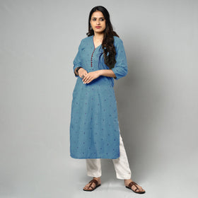 Buy Blue Jacquard Cotton Straight Kurta for Women