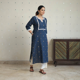 Blue - Jacquard Cotton Straight Kurta with Lace Work 27