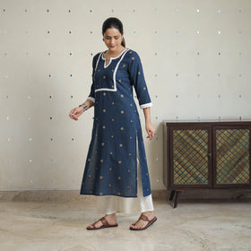 Blue - Jacquard Cotton Straight Kurta with Lace Work 27