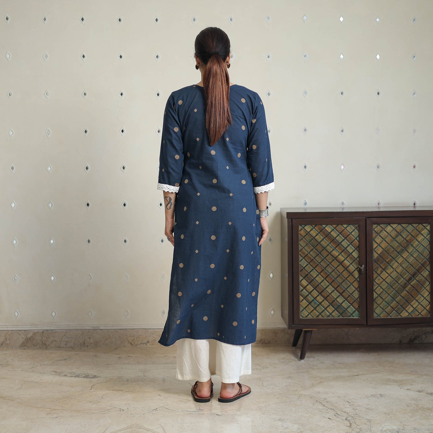 Blue - Jacquard Cotton Straight Kurta with Lace Work 27
