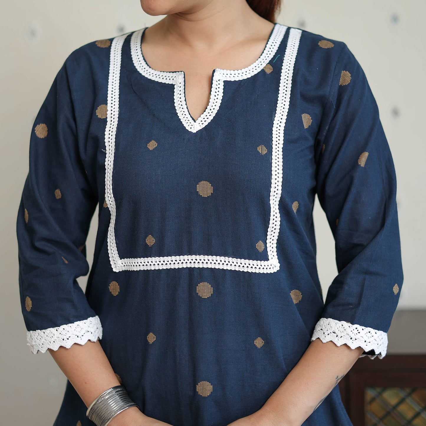 Blue - Jacquard Cotton Straight Kurta with Lace Work 27