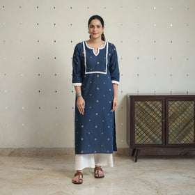 Blue - Jacquard Cotton Straight Kurta with Lace Work 27