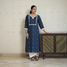 Blue - Jacquard Cotton Straight Kurta with Lace Work 27