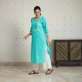 Blue - jacquard cotton straight kurta with lace work 30