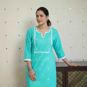 Blue - jacquard cotton straight kurta with lace work 30