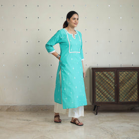 Blue - jacquard cotton straight kurta with lace work 30