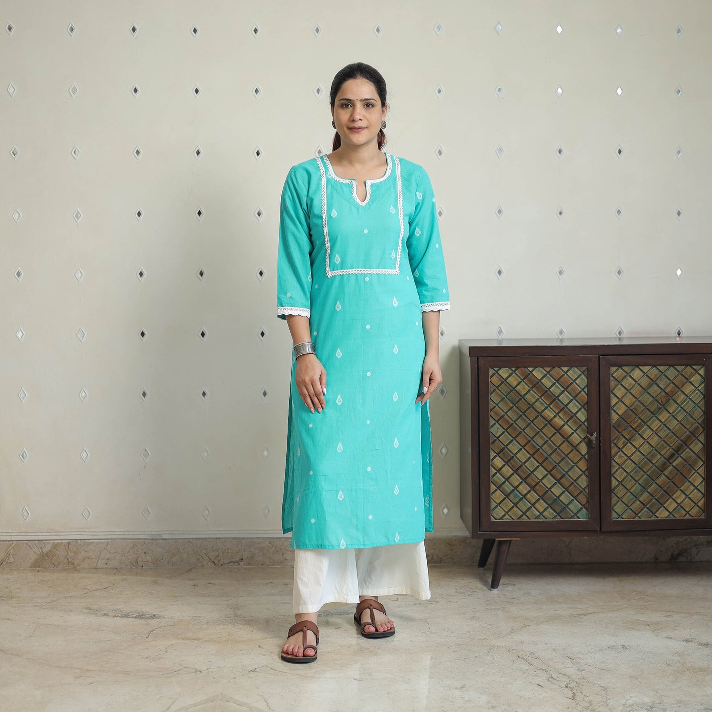 Blue - jacquard cotton straight kurta with lace work 30