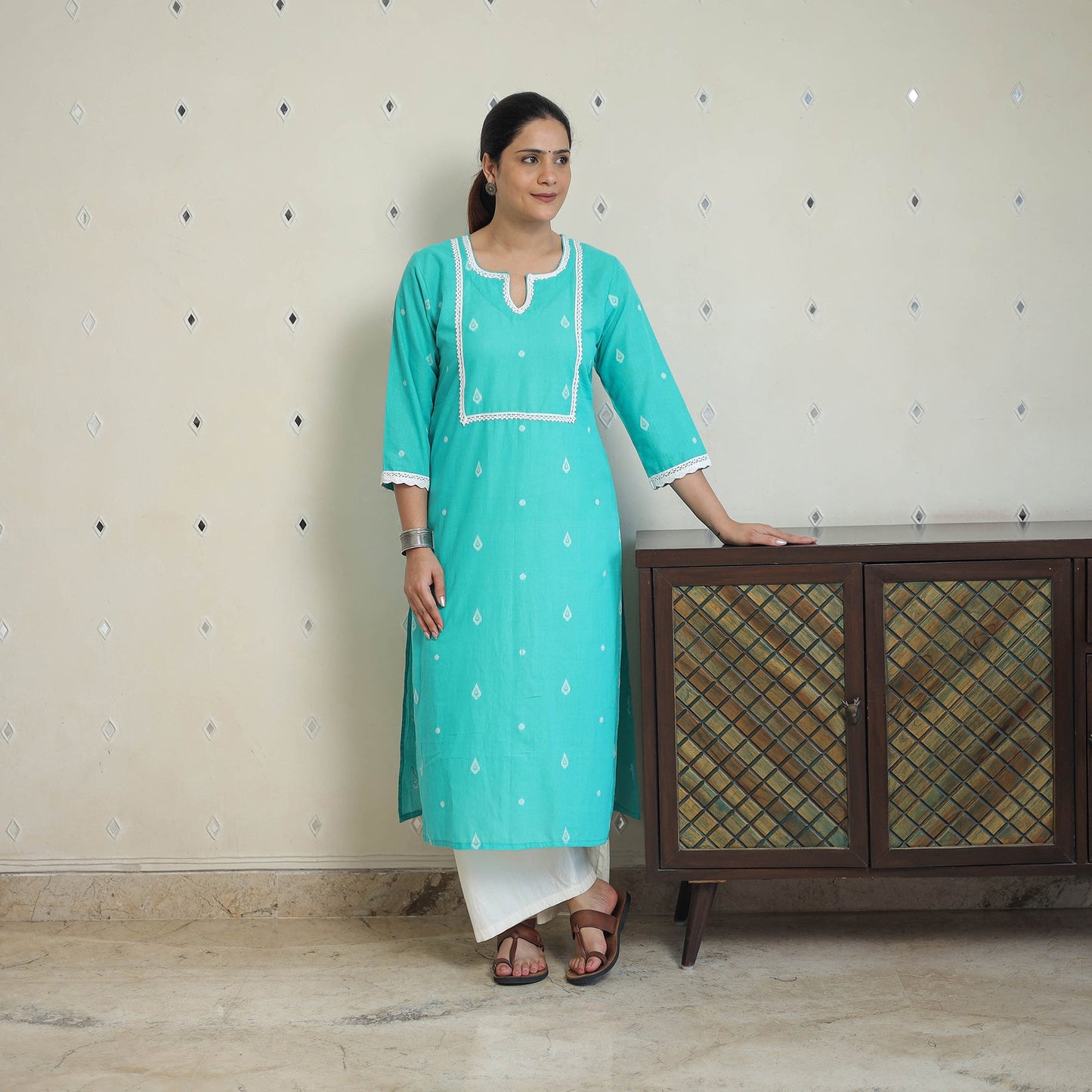 Blue - jacquard cotton straight kurta with lace work 30