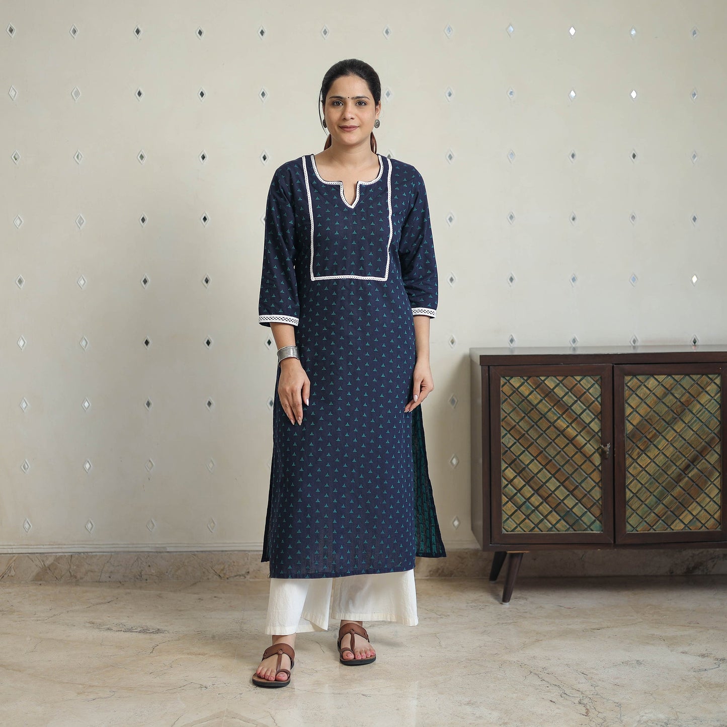 Blue - jacquard cotton straight kurta with lace work 32