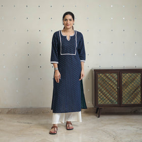 Blue - jacquard cotton straight kurta with lace work 32