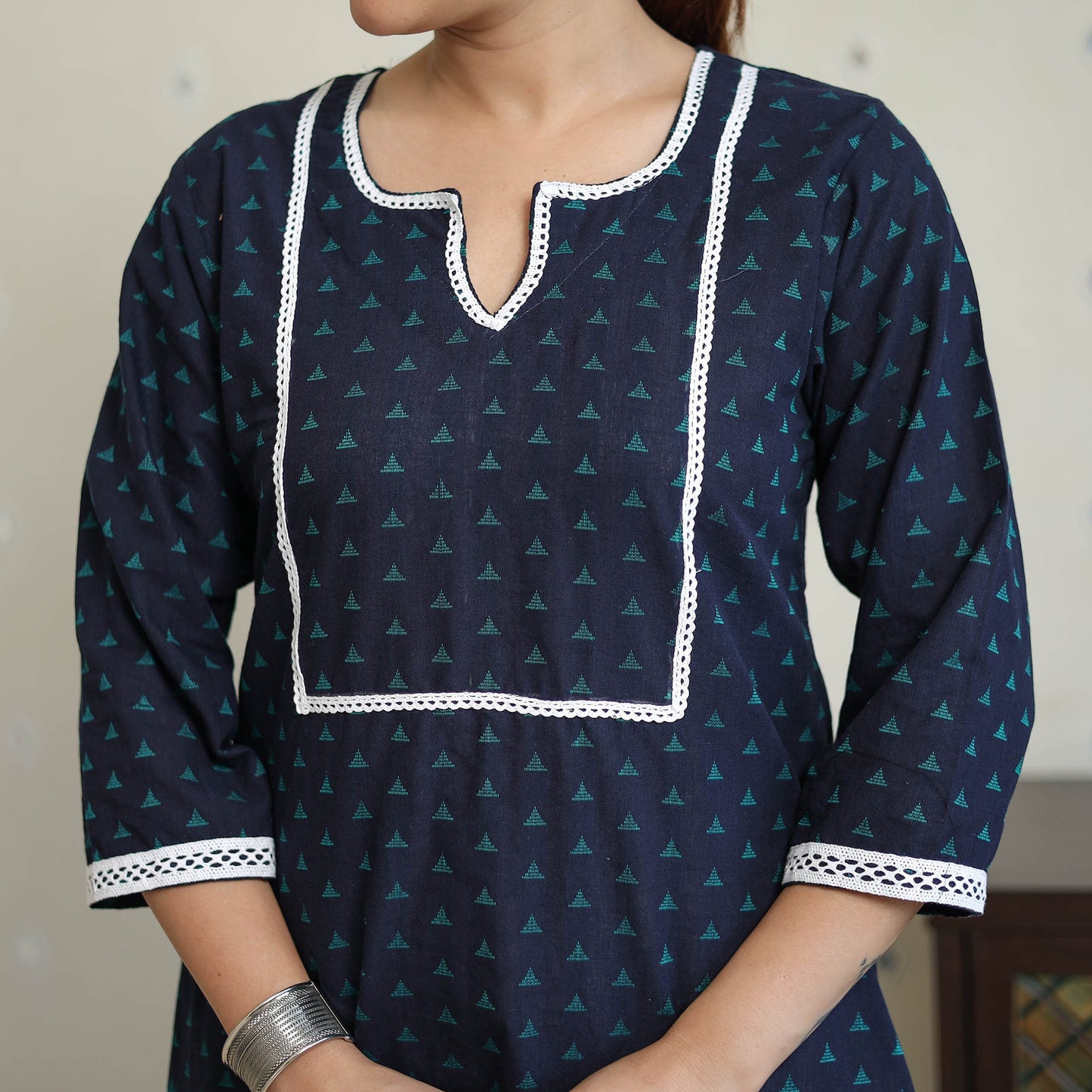 Blue - jacquard cotton straight kurta with lace work 32