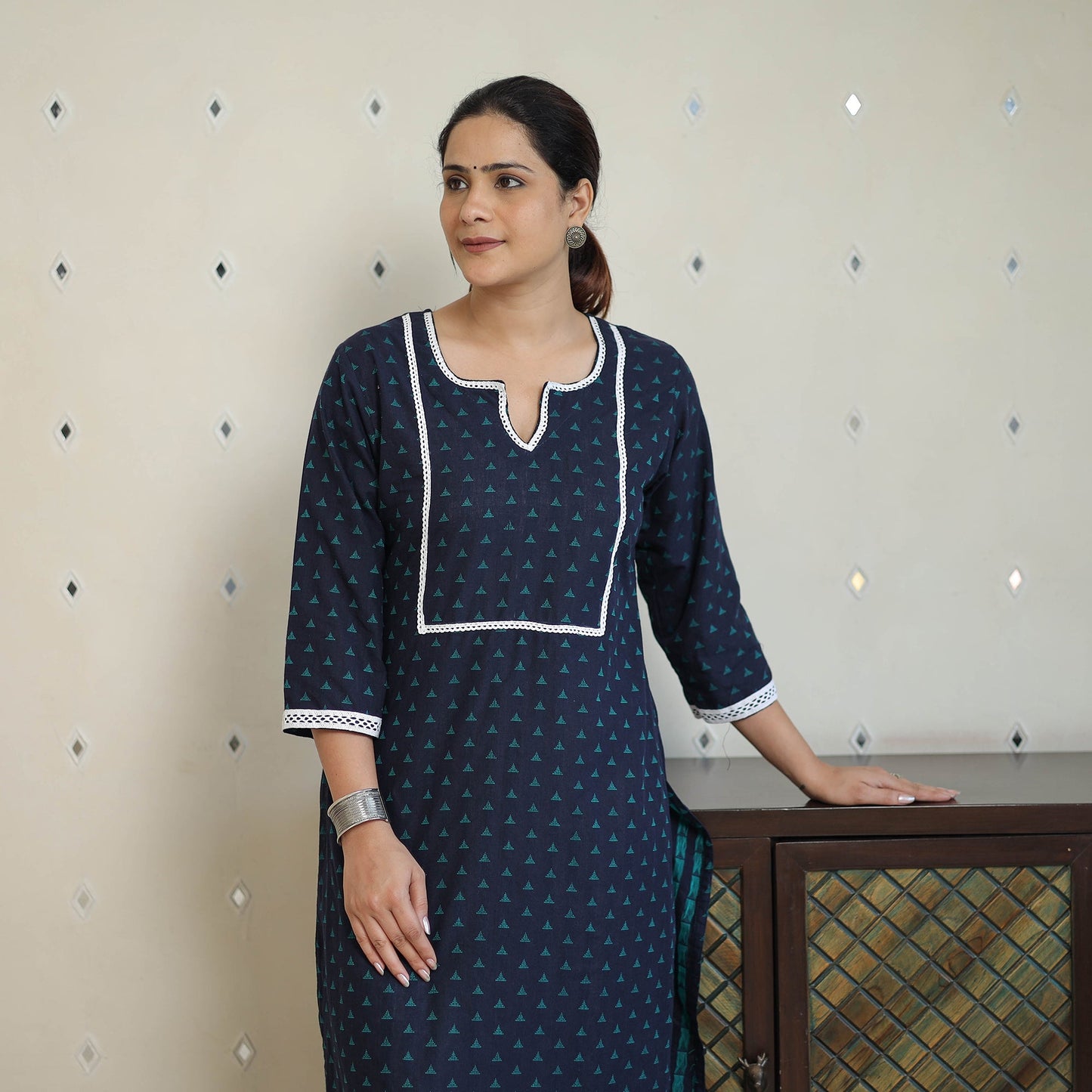 Blue - jacquard cotton straight kurta with lace work 32