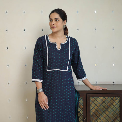 Blue - jacquard cotton straight kurta with lace work 32