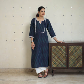 Blue - jacquard cotton straight kurta with lace work 32