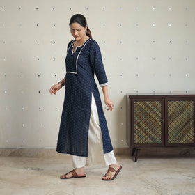 Blue - jacquard cotton straight kurta with lace work 32