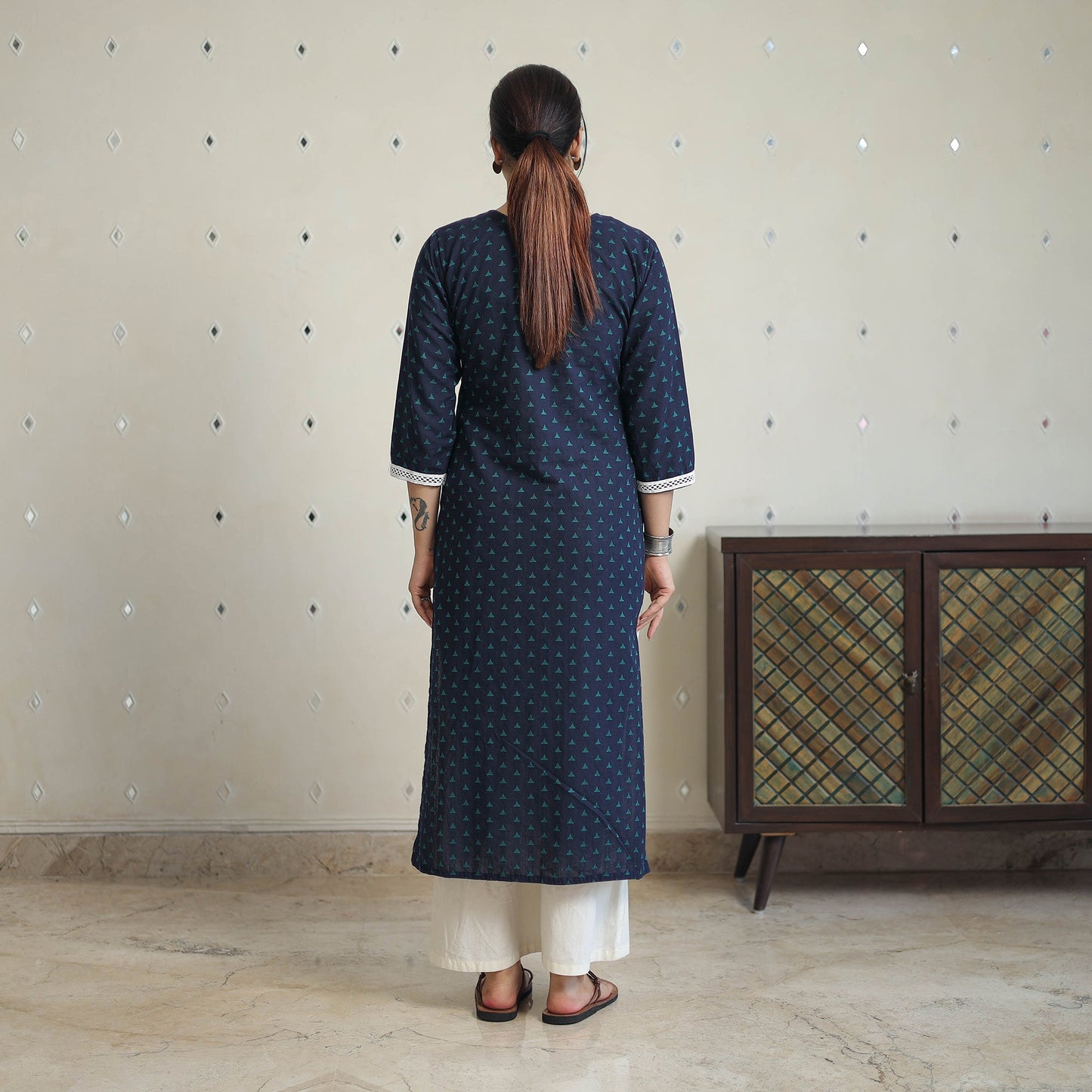 Blue - jacquard cotton straight kurta with lace work 32