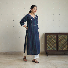 Blue - jacquard cotton straight kurta with lace work 32