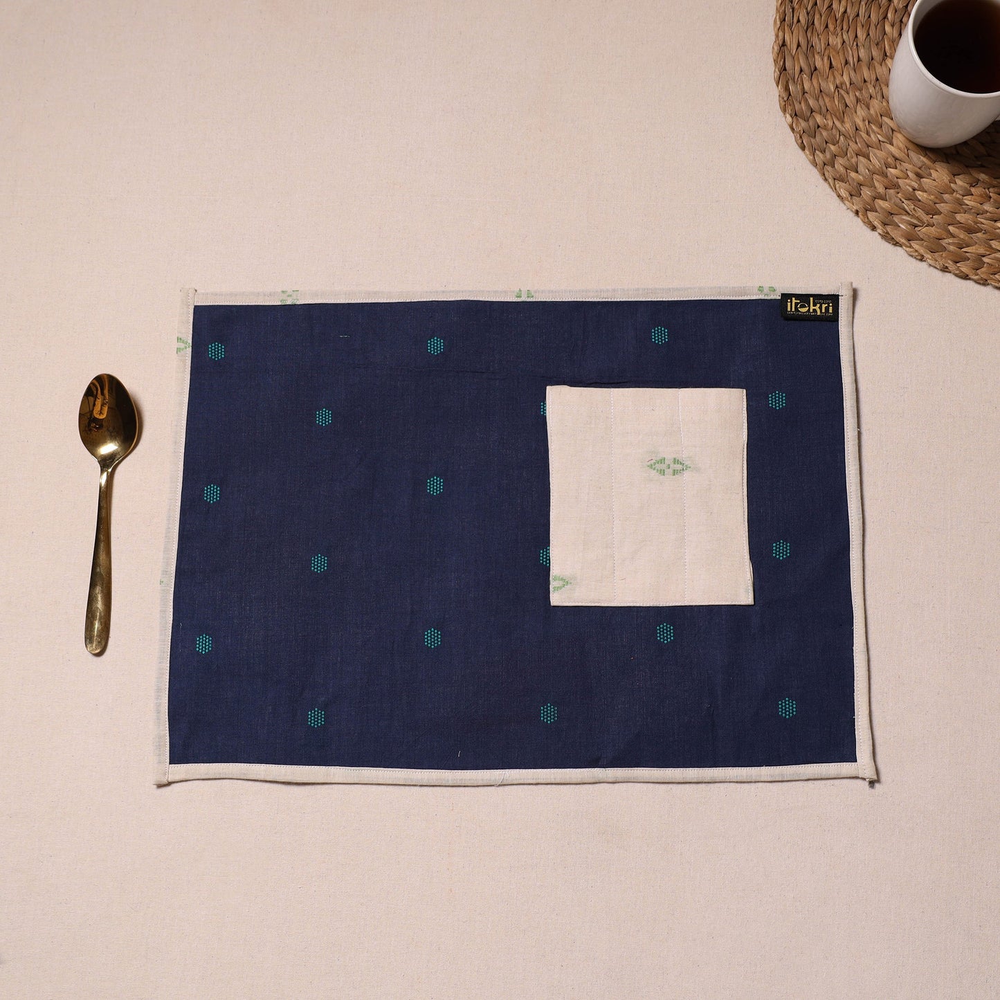 Blue Jacquard Cotton Table Mat With Pocket
