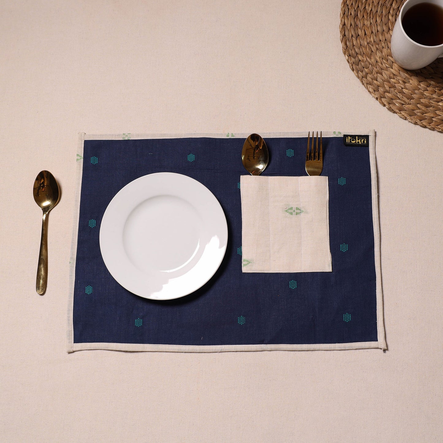 Blue Jacquard Cotton Table Mat With Pocket