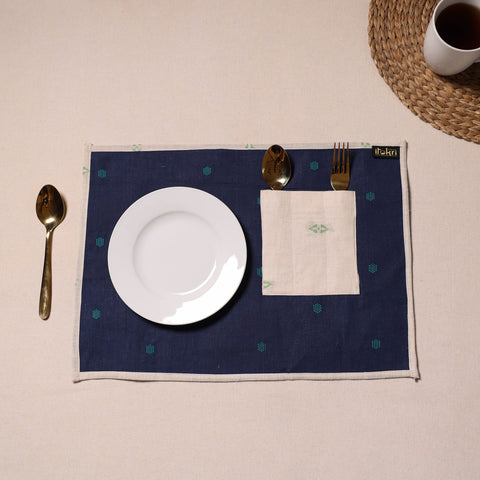 Blue Jacquard Cotton Table Mat With Pocket