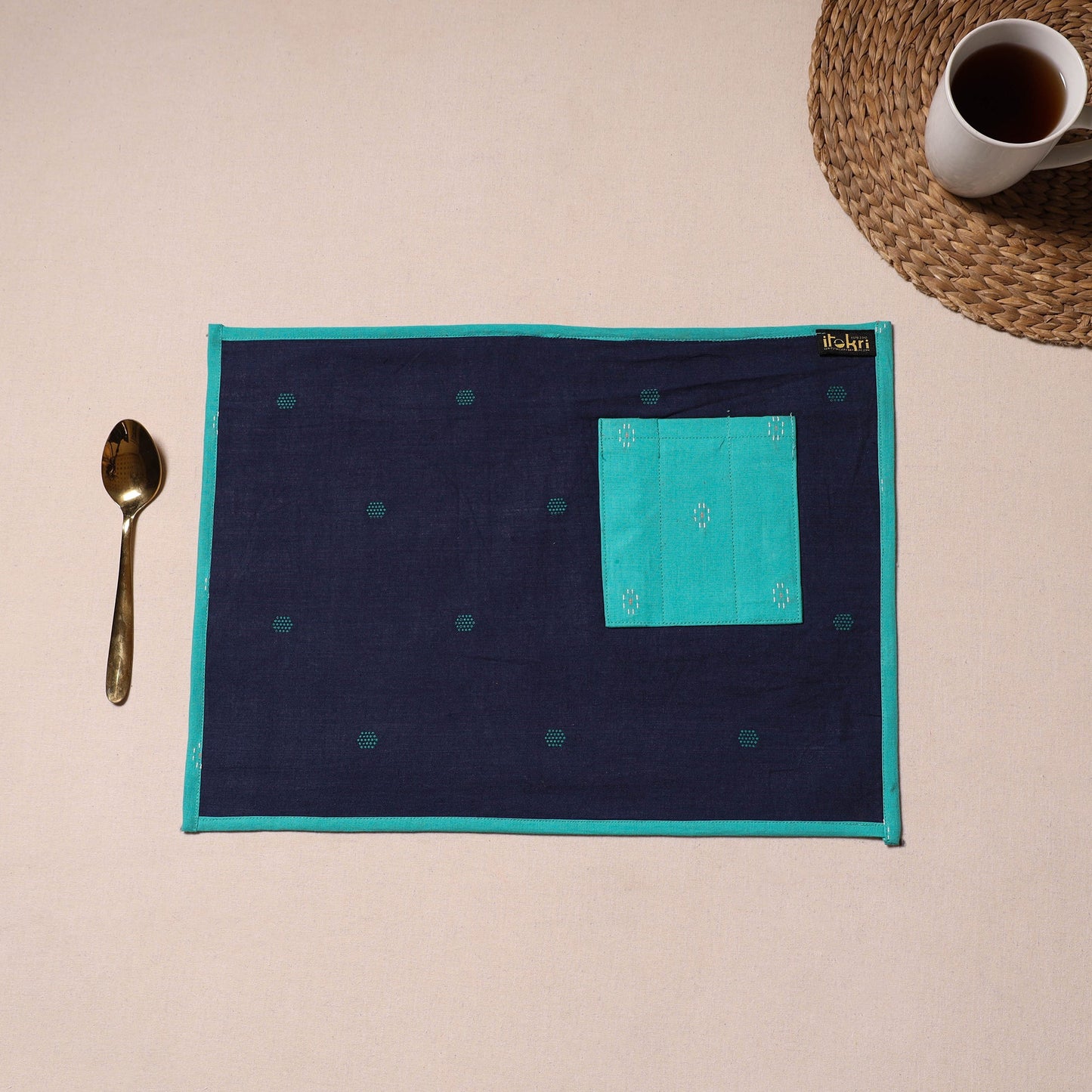 Blue Jacquard Cotton Table Mat With Pocket