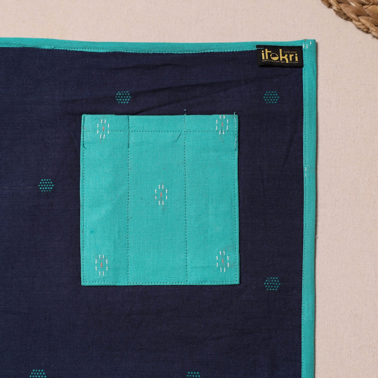 Blue Jacquard Cotton Table Mat With Pocket