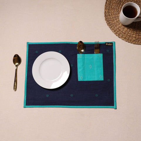 Blue Jacquard Cotton Table Mat With Pocket