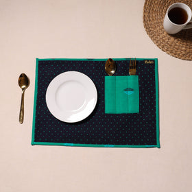 Blue Jacquard Cotton Table Mat With Pocket