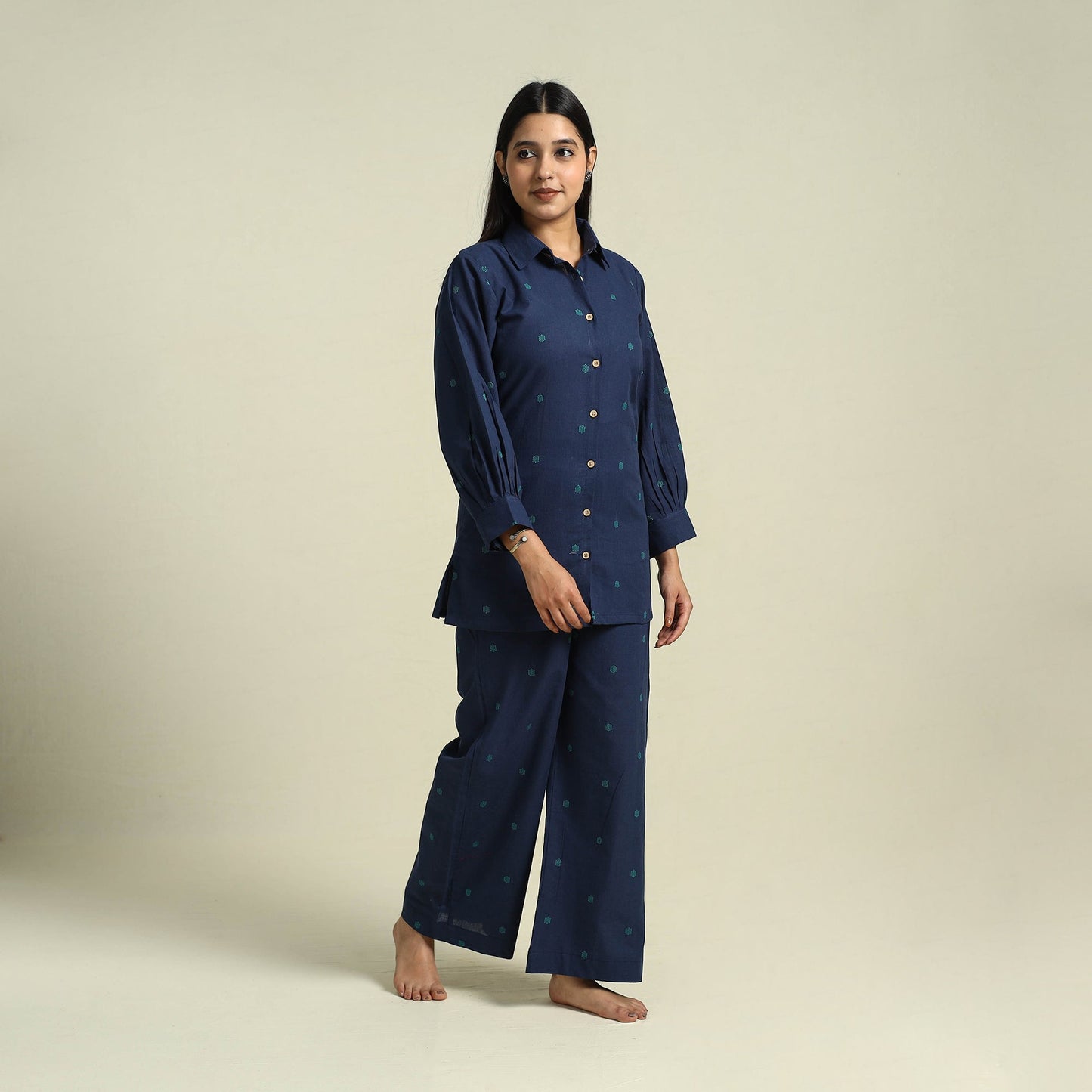 Buy Blue Jacquard Cotton Top & Pyjama Night Suit Set