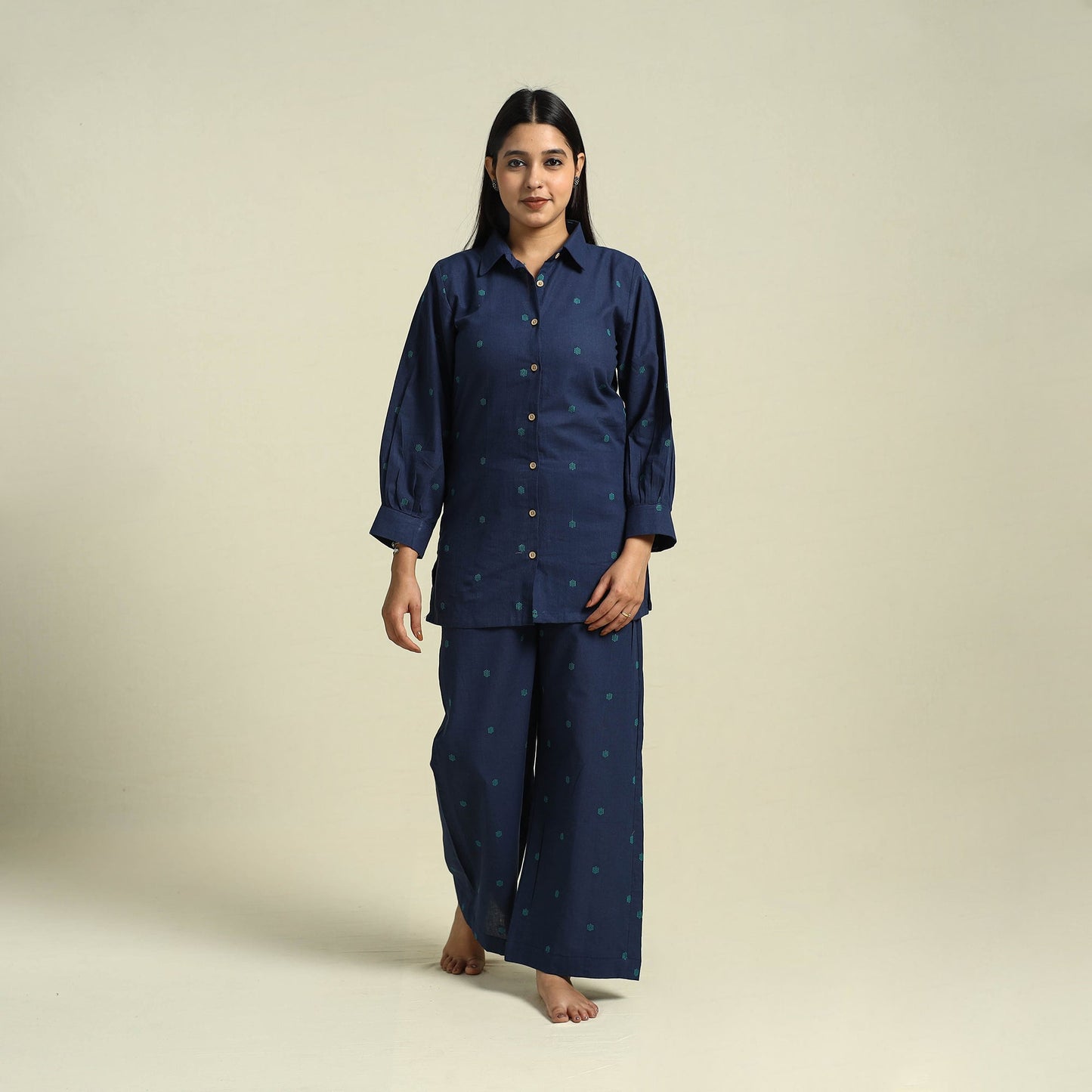 Buy Blue Jacquard Cotton Top & Pyjama Night Suit Set