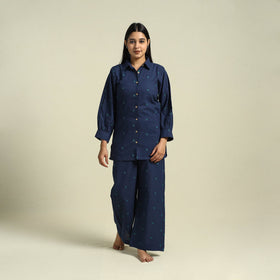 Buy Blue Jacquard Cotton Top & Pyjama Night Suit Set