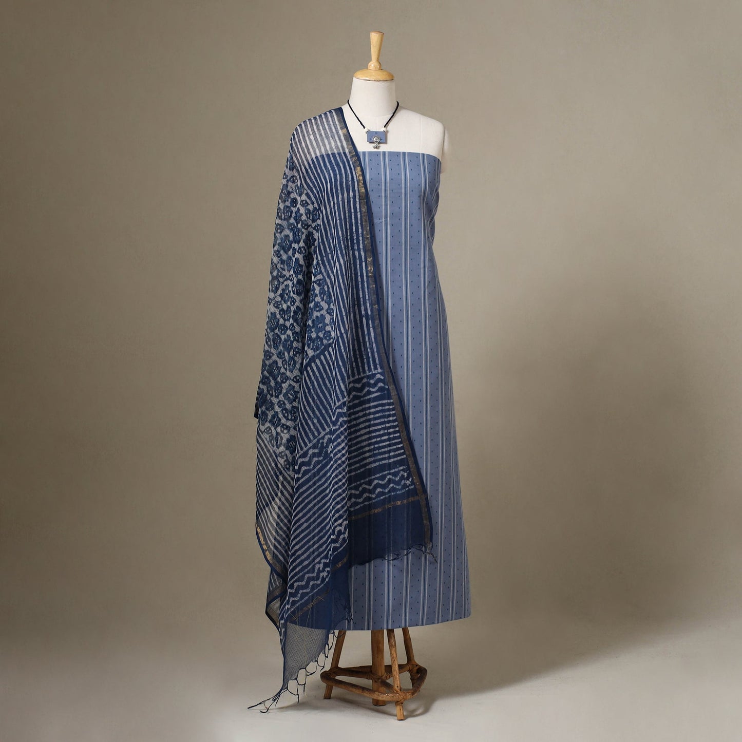 Blue Jacquard Cotton Dress Material with Jewellery Set