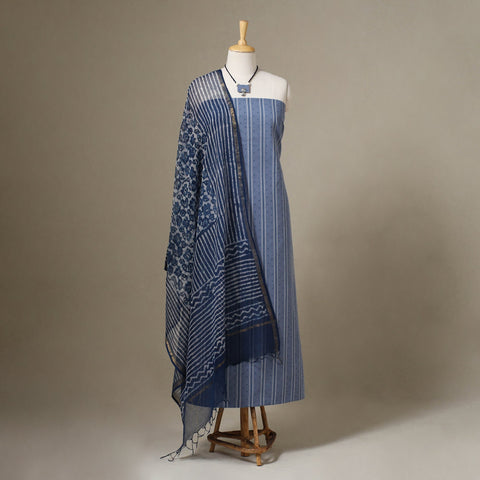 Blue Jacquard Cotton Dress Material with Jewellery Set