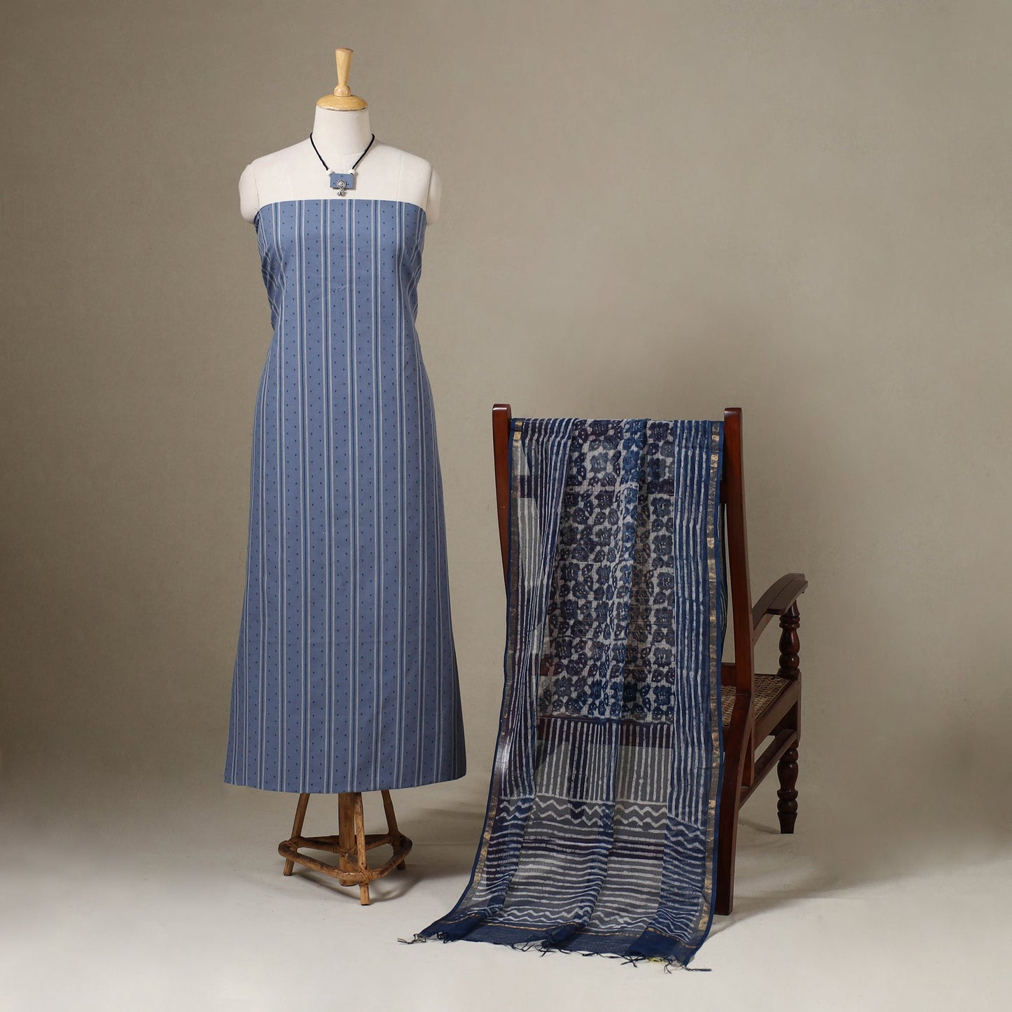 Blue Jacquard Cotton Dress Material with Jewellery Set