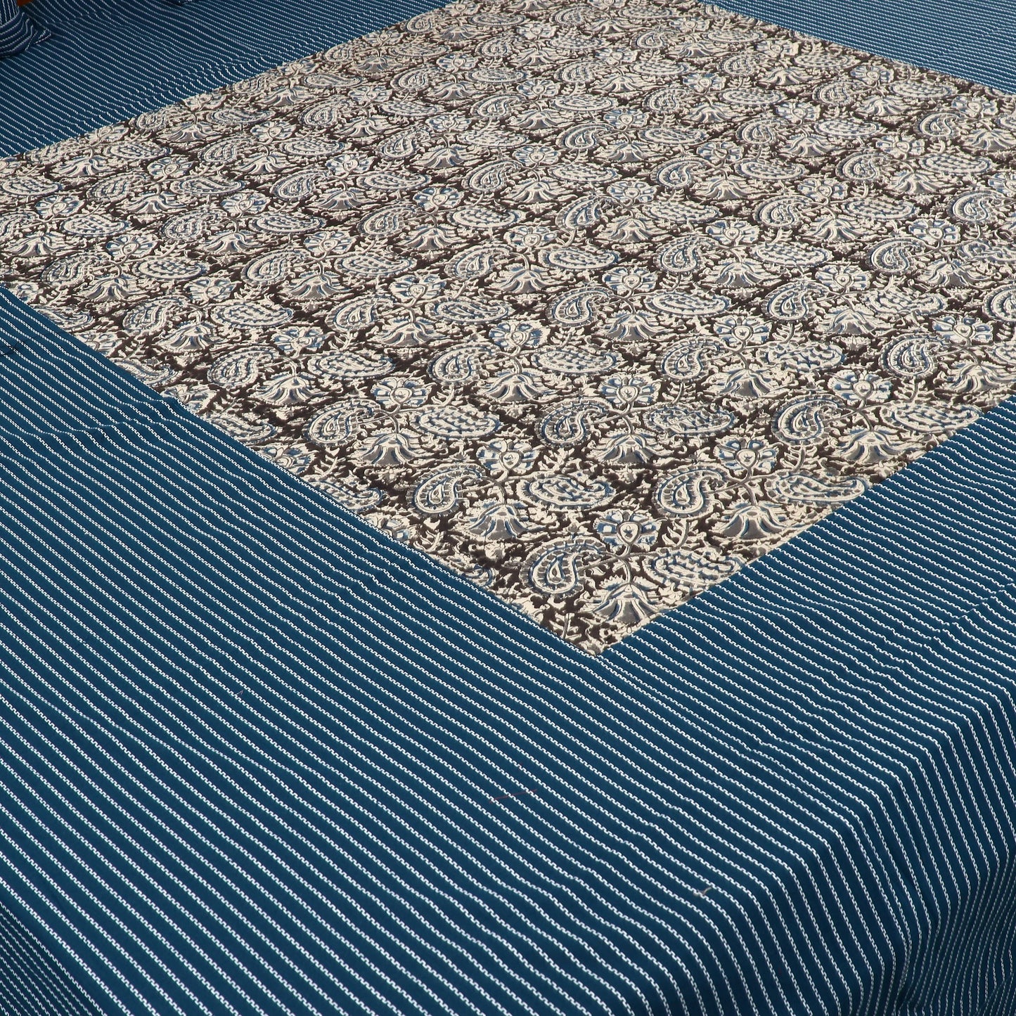 Blue Jacquard with Kalamkari Patch Cotton Bedsheet Set