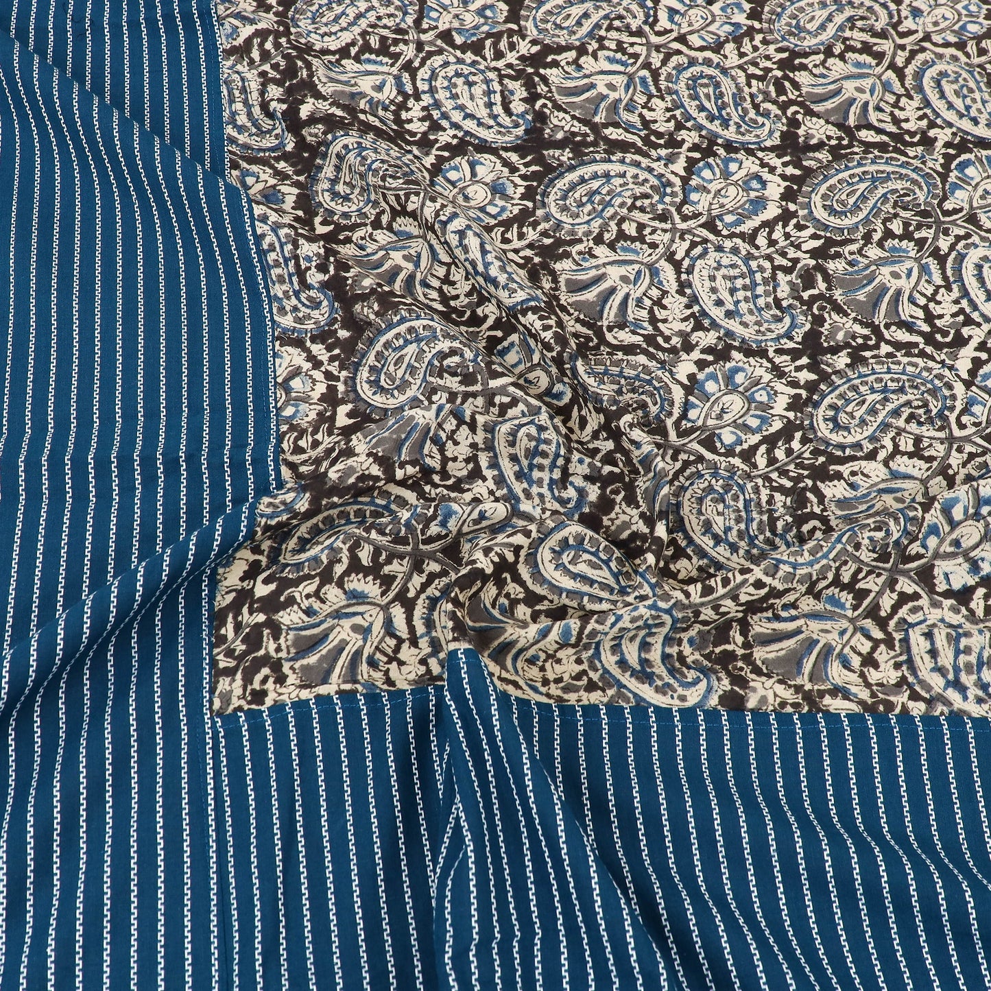 Blue Jacquard with Kalamkari Patch Cotton Bedsheet Set