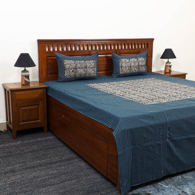 Blue Jacquard with Kalamkari Patch Cotton Bedsheet Set