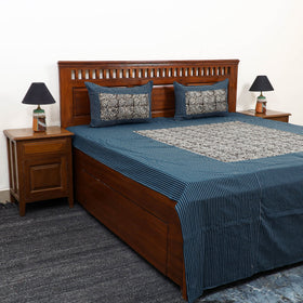 Blue Jacquard with Kalamkari Patch Cotton Bedsheet Set