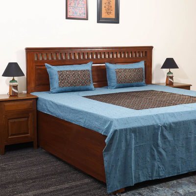 Blue - jacquard with modal silk patch cotton bedsheet set
