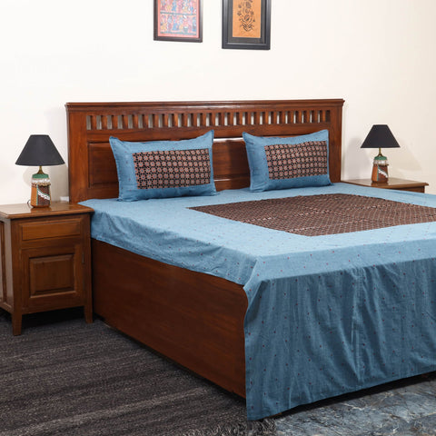 Blue - jacquard with modal silk patch cotton bedsheet set