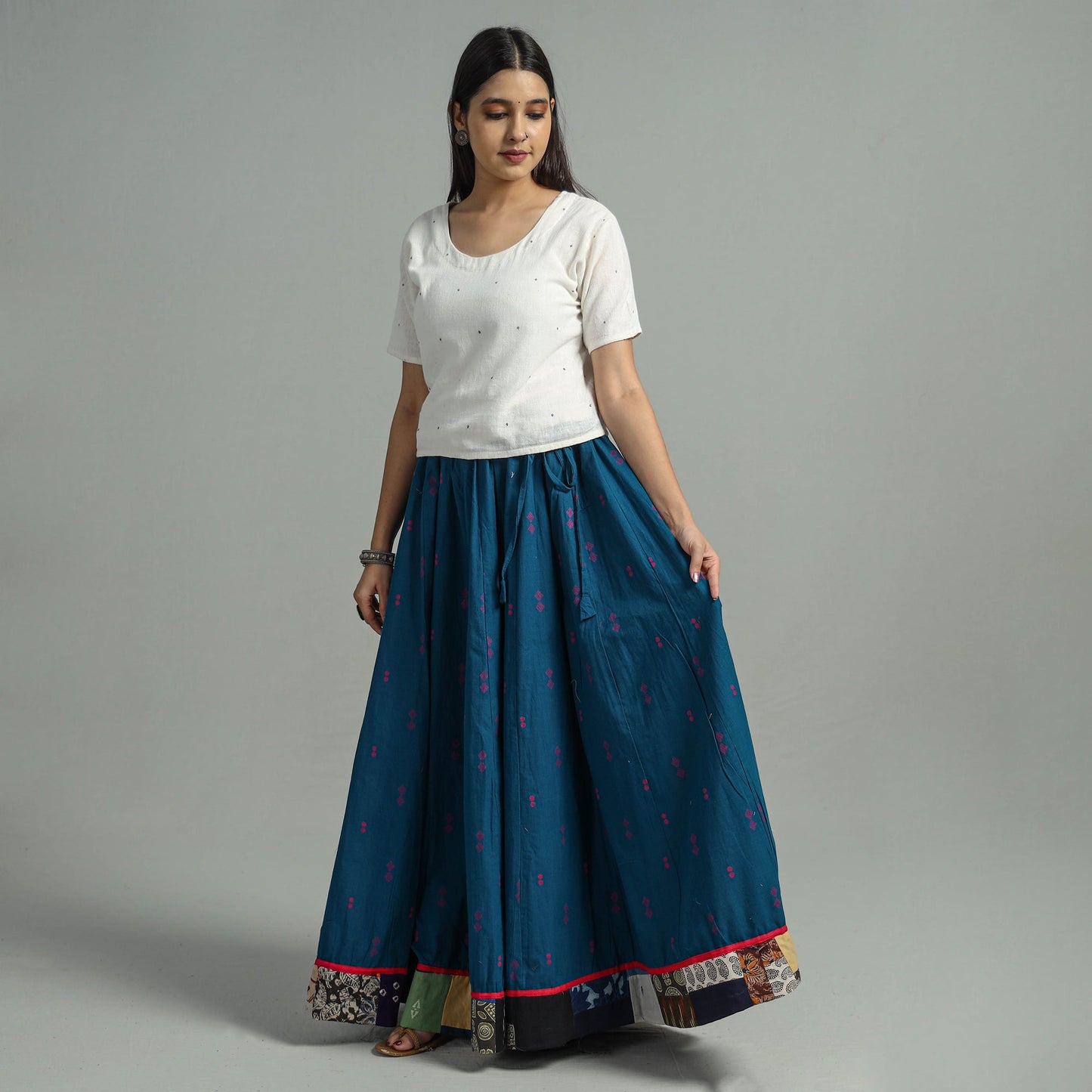 Blue Jacquard Patchwork 24 Kali Cotton Long Skirt