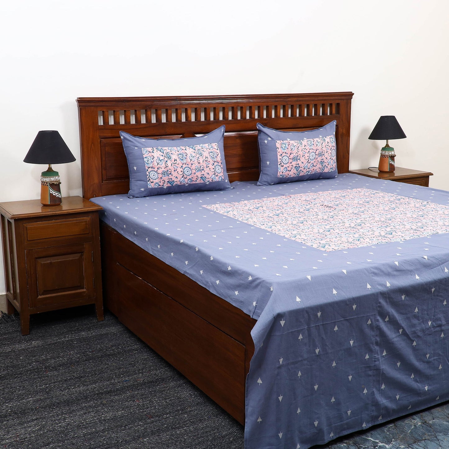 Buy Jacquard with Sanganeri Patch Cotton Bedsheet Set