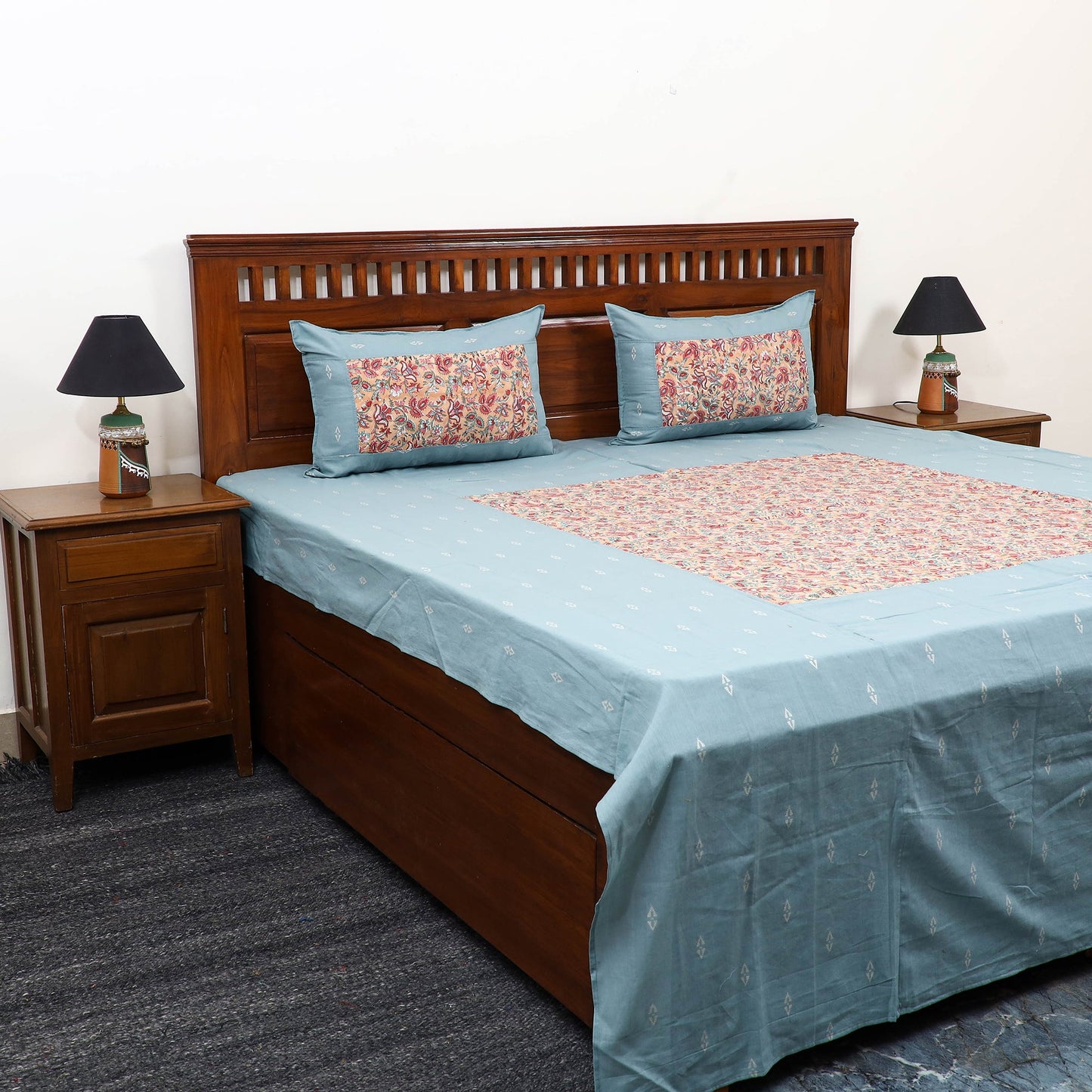 Buy Jacquard with Sanganeri Patch Cotton Bedsheet Set