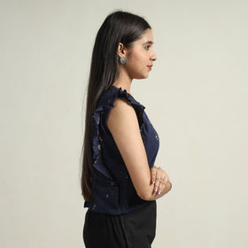 Blue - jacquard sleeveless cotton crop top - handcrafted
