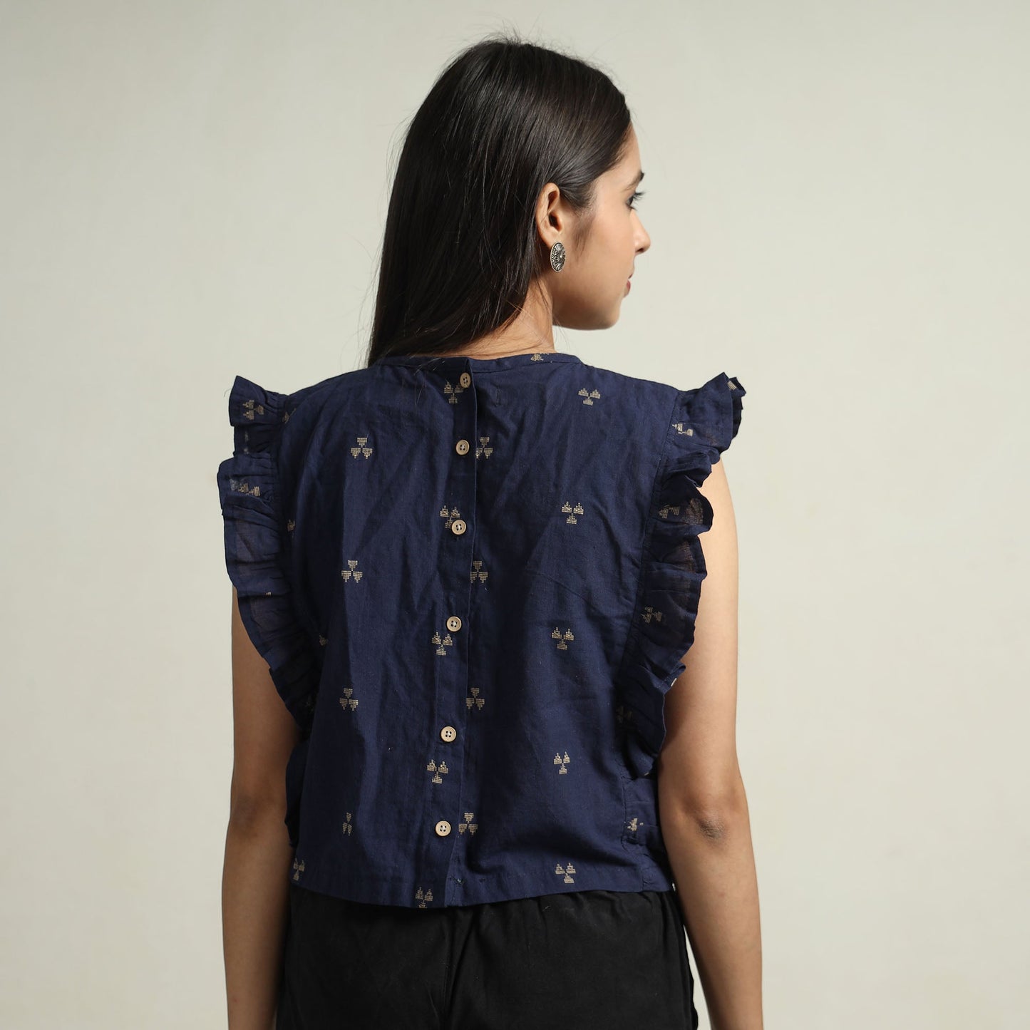 Blue - jacquard sleeveless cotton crop top - handcrafted