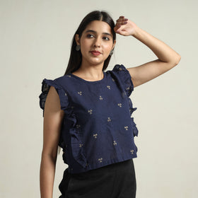 Blue - jacquard sleeveless cotton crop top - handcrafted